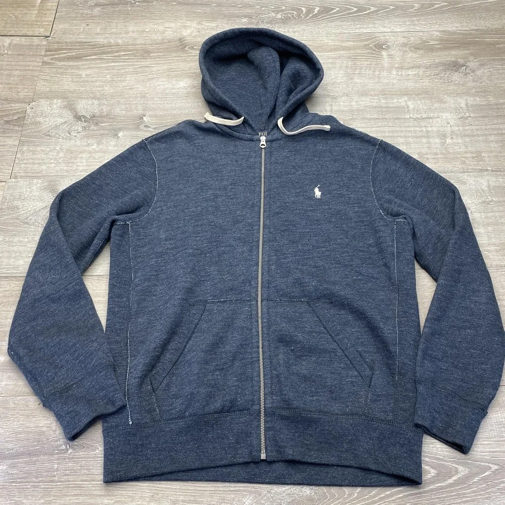 Polo Ralph Lauren Hoodie Mens Large Blue Full Zip Fleece Pony Logo Sweatshirt - Picture 1 of 11